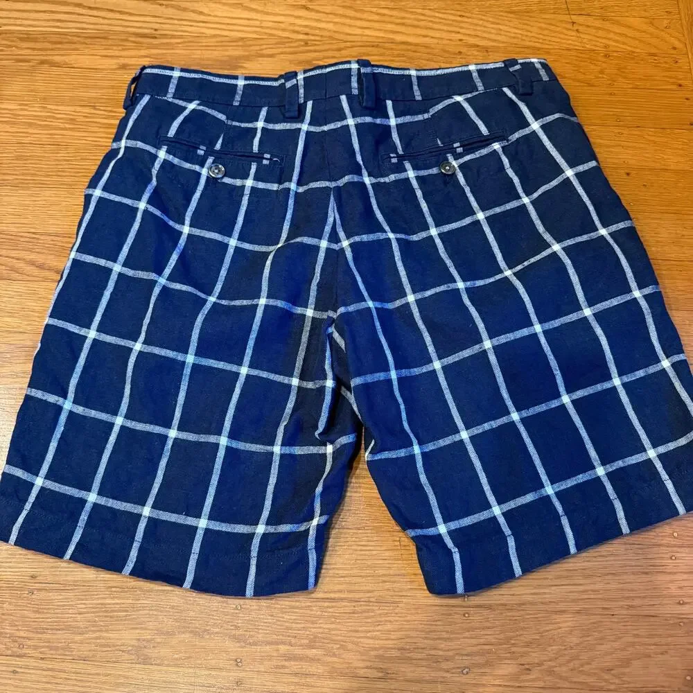 Banana Republic Aiden Shorts Mens 33 Blue Windowpane Plaid 100% Linen Slim Fit